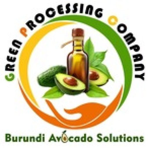 Logo de Green Processing Company : bouteille d’huile et avocats dans un anneau vert et orange, avec la mention « Burundi Avocado Solutions ».
